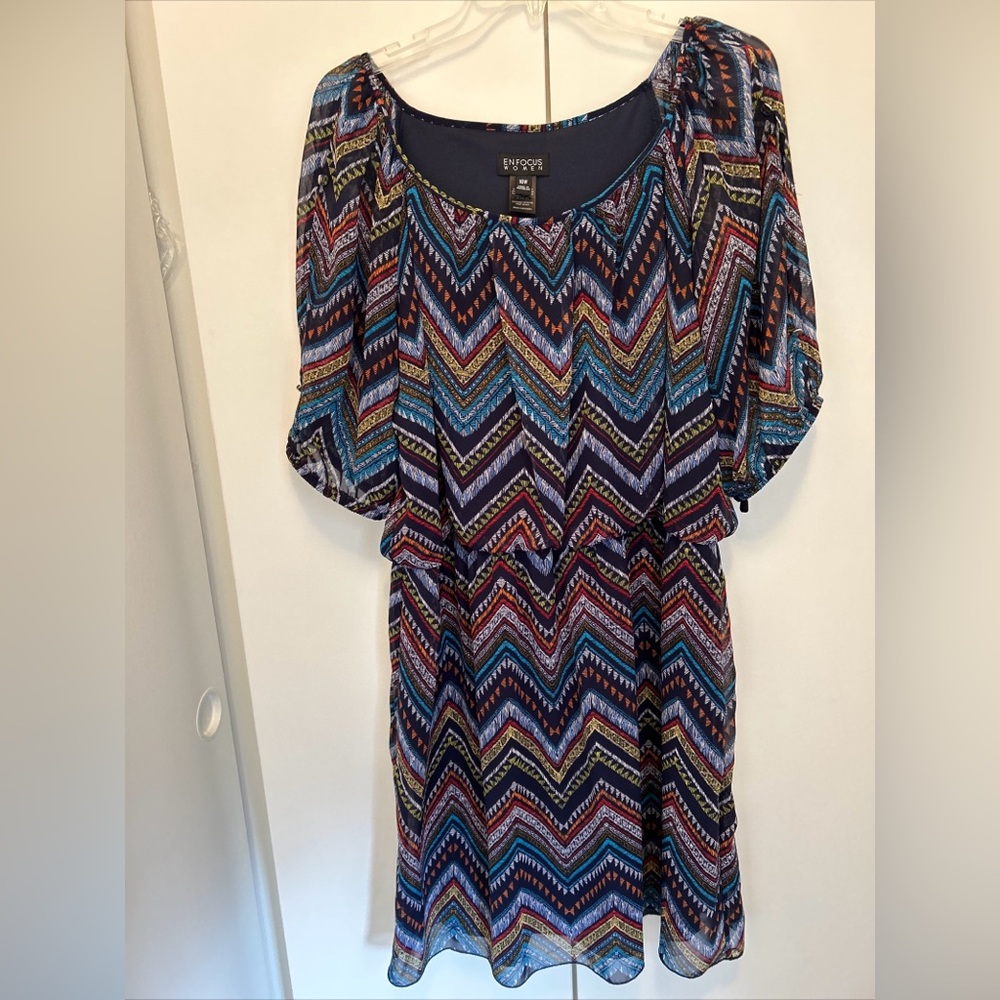 ENFOCUS! Navy Blue Multicolored Cold Shoulder Fully Lined Sheer Print Dress